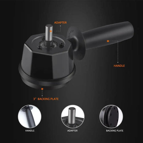 Close-up of the Forced Dual Action Polisher Adapter Kit With Three Polishing Pads for Cordless Drill, showing adapter and handle.