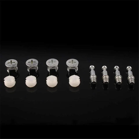 Rock Solid Three In One Furniture Connector Hardware Set With Eccentric Cam Nut And Steel Link Pin For Quick Cabinet Build And Zero Hassle DIY Woodworking Assembly pieces displayed on a black background.