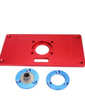 Premium Aluminum Router Table Insert Plate with Precision Center Bushing in red with blue accessories for woodworking projects.
