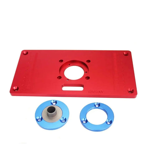 Premium Aluminum Router Table Insert Plate with Precision Center Bushing in red with blue accessories for woodworking projects.