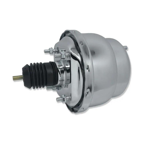 Premium Universal 7 Inch Dual Diaphragm Power Brake Booster Chrome Steel Finish, side view showcasing chrome details and mount.