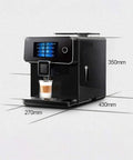 All Day Fully Automatic Coffee Machine With 19 Bar Pump And Built In Grinder Boasts Sleek Full Touch Lcd Interface Solid Steel Build showing dimensions 350mm height, 430mm width, and 270mm depth.