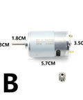 Heavy Duty 24V 200W Metal DL 555C Motor for Kids Electric Cars, shown with measurements and small gear, 20000 RPM, 9T variant.