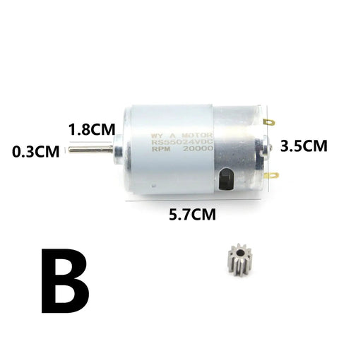 Heavy Duty 24V 200W Metal DL 555C Motor for Kids Electric Cars, shown with measurements and small gear, 20000 RPM, 9T variant.