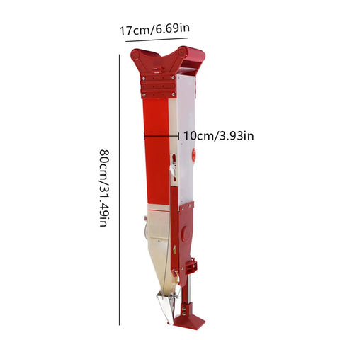 Red and white Easy To Use Adjustable Fertilizer Spreader Tool For Gardens And Lawns, 80cm tall and 17cm wide, side view