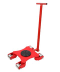 Heavy Duty Swivel Roller Moving Skates With Comfort Grip Handle For Smooth Furniture And Machinery Transport Around The Shop Or Garage For Quick Weekend Or Holiday Projects, red metal construction with a handle.