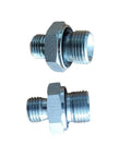 Two metal hydraulic hose adapters, 14H to 18ED, hex nut ends, zinc-plated steel