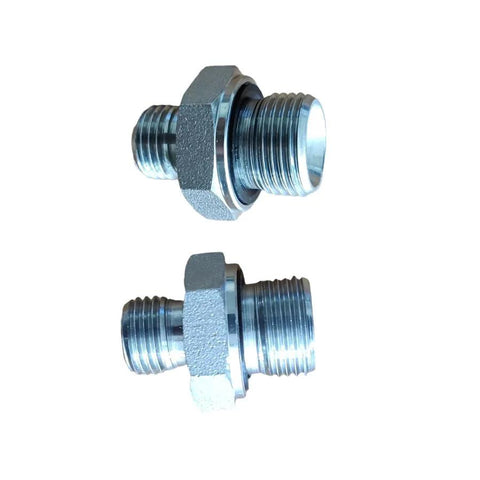 Two metal hydraulic hose adapters, 14H to 18ED, hex nut ends, zinc-plated steel