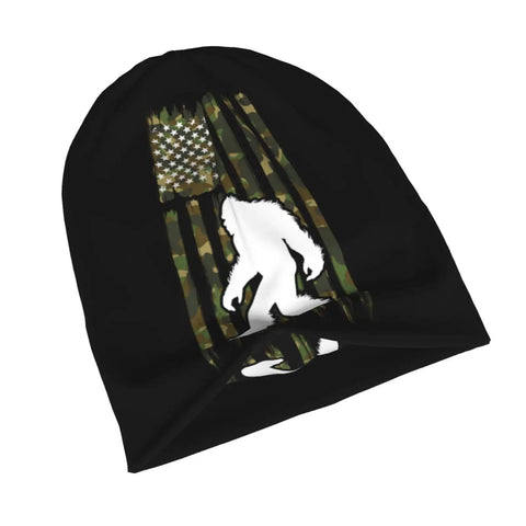 Cozy Camo American Flag Bigfoot Sasquatch Beanie Hat with flag and Bigfoot design for men and women