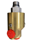 Compact, Heavy-Duty Air-Hydraulic Rotary Union Model 157-016-738 With Smooth Low-Resistance Operation, Fast Response, And Metal Construction For Longevity, Ideal For Confined Spaces And Easy Quick Hookups. Brass rotary union with threaded fittings and red caps