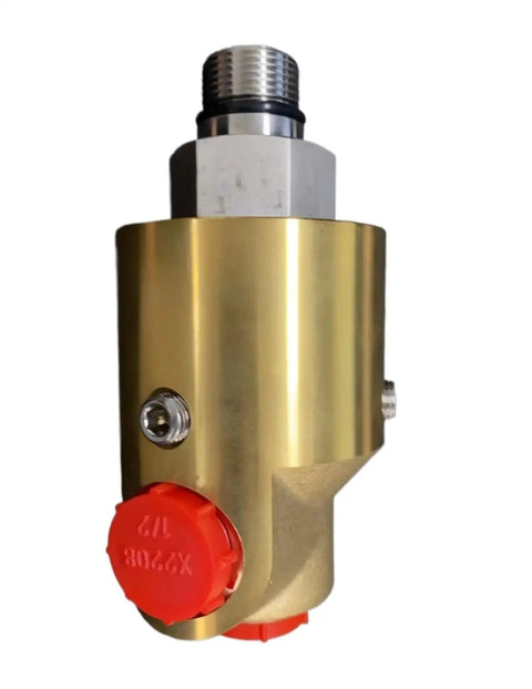Compact, Heavy-Duty Air-Hydraulic Rotary Union Model 157-016-738 With Smooth Low-Resistance Operation, Fast Response, And Metal Construction For Longevity, Ideal For Confined Spaces And Easy Quick Hookups. Brass rotary union with threaded fittings and red caps