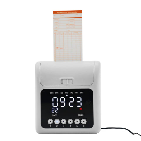 Heavy Duty Time Clock Punch Machine Bundle Includes Fifty Cards For Small Business And Office Password Unlocked Attendance Tracker displaying time and date.