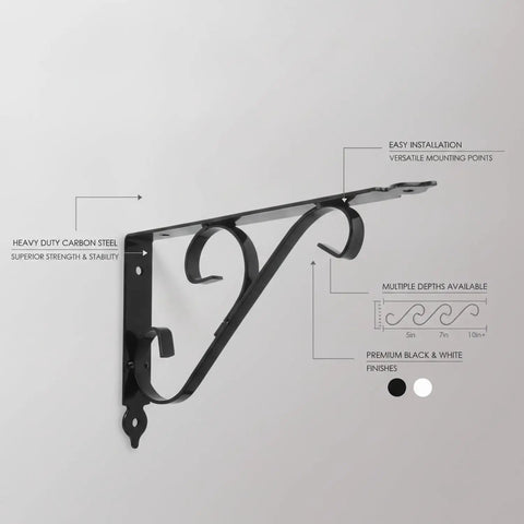 Carbon Steel L-Shaped Shelf Bracket Heavy Duty Wall Mount Support For Floating Shelves, black with scroll design and pre-drilled holes.