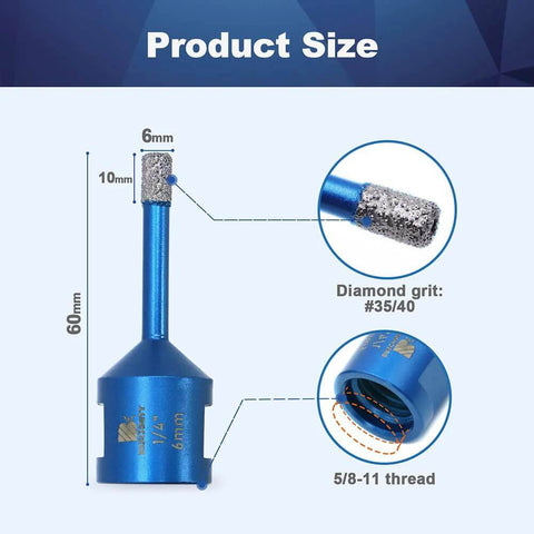 Front view: blue 1/4-inch vacuum-brazed diamond core drill bit set for tile, 5/8-11 thread, 2 pcs.