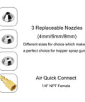 Three replaceable nozzles (4mm, 6mm, 8mm) for Heavy Duty Aluminum Air Hopper Spray Gun With Quick Swap Nozzles.