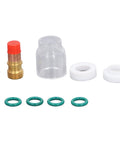 Top Tier 9 Piece TIG Welding Torch Kit With Collet Gas Lens Glass Cup Gasket O Ring For WP 17 18 26 Silly Brass Consumables Steel components laid out.