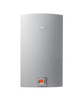 Heavy Duty Natural Gas Tankless Water Heater with digital display, sleek silver finish, compact for home installations.