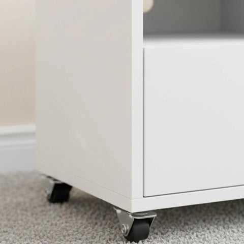 20Lots Furniture Casters, Bottom Mounted for Secure Installation on white cabinet with small black wheels on carpet.