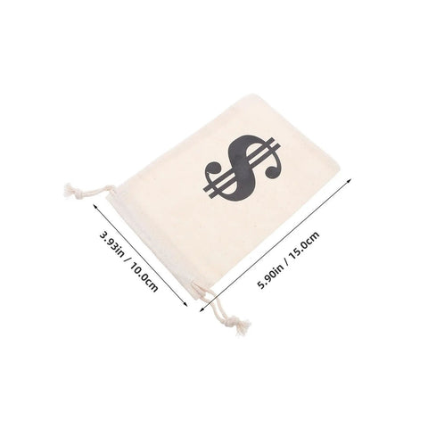 Beige Cotton Drawstring Gift Pouches With Money Sign For Cowboy Party Decor And Birthday Party Favors, 10x15cm, laying flat
