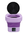 Hassle Free Mini Folding Washing Machine With Quick Ten Or Fifteen Minute Cycles And Hidden Carry Grip Perfect For Dorm Rooms Apartments And Rv Trips Featuring Fold Flat Space Saving Design And Slick Spin Cycle, purple design opened.