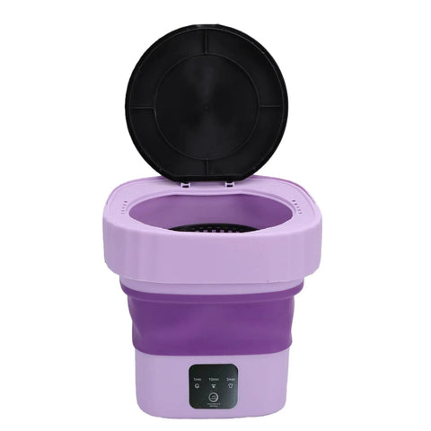 Hassle Free Mini Folding Washing Machine With Quick Ten Or Fifteen Minute Cycles And Hidden Carry Grip Perfect For Dorm Rooms Apartments And Rv Trips Featuring Fold Flat Space Saving Design And Slick Spin Cycle, purple design opened.