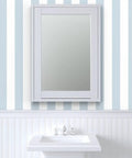 Top Tier Traditional Wallpaper With A Smooth Matte Linen Texture Pvc Free Paste To Paper Design in a blue striped bathroom.