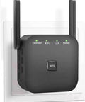 Black Speedy WiFi Extender Repeater and Booster for Home Use with dual antennas plugged into wall socket