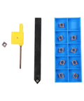 Premium Lathe Turning Tool Set With SCMCN1010H06 Holder And Ten CCMT060204 Carbide Inserts on blue storage box with yellow wrench.