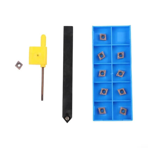 Premium Lathe Turning Tool Set With SCMCN1010H06 Holder And Ten CCMT060204 Carbide Inserts on blue storage box with yellow wrench.