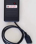 Big Rig Cargo Door Alert And Roll Up Opener Security Monitor With Straight Plug 12 Volt Power and Dual USB Charging Ports showing black device with a light.