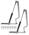 Two Pack Deck Box Hinges Replacement For Outdoor Storage Boxes With Gas Strut Hydraulic Soft Close No Fuss Lift Support Easy Install Quiet Durable Hardware For Safe Lid Operation, shown with screws and stainless steel finish.