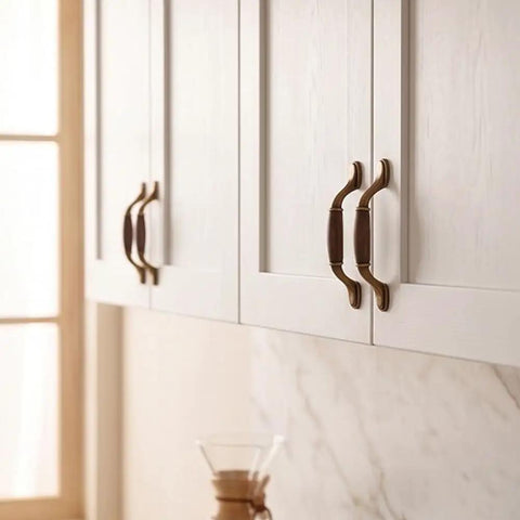 Vintage Walnut Wood Cabinet Handles Set With Zinc Alloy Drawer Pulls In Antique Metal Finish for kitchen cabinet doors