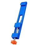 Rock Solid Adjustable Router Base Guide With Portable Saw Rail Track System, blue alignment jig with orange knob, precise woodworking tool.