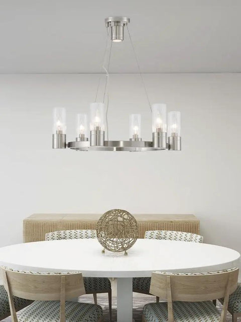 Midtown 6 Light Chandelier In Brushed Nickel Finish With Dope Modern Contemporary Design For Living Room Or Dining Room, 6 Illuminating Heads, Steel Construction, Dimmable Compatible, Sleek Ceiling Fixture For Modern Ambiance over dining table