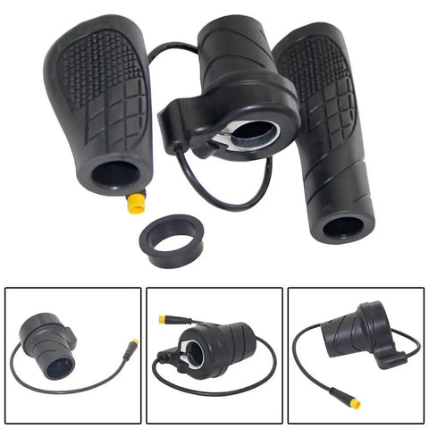 Upgrade Your E-Bike Ride With This 20X Half Turn Throttle Grip Featuring Cool M8 Head Design And Slick Anti-Slip Texture For Nail-It Precision Control Smooth Power Delivery Guaranteed. black e-bike half-turn throttle grip with M8 head, cable and textured rubber finish