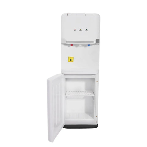 Top Loading Water Cooler For 5 Gallon Bottles With Hot Cold And Warm Water Three Temperature Options And Child Safety Lock Quiet Home Office Dispenser Durable White Construction For Everyday Use with open bottom storage