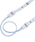 SureLock 560724 White LED Tape Light Wire Lead Connector 5 Pack connected to 8mm wide LED strip showing two-wire connection.