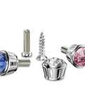 Sparkly Rhinestone License Plate Screw Caps 4 Pack Premium Alloy Bolt Covers with pink, blue, and clear crystals.