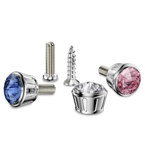 Sparkly Rhinestone License Plate Screw Caps 4 Pack Premium Alloy Bolt Covers with pink, blue, and clear crystals.
