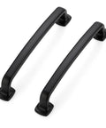 Set Of 10 Matte Black 5 Inch Arch Pulls With Curved Flat Square Design Solid Zinc Alloy Construction shown in pair for kitchen cabinets.