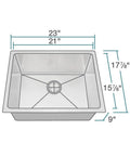 Stainless Steel Undermount Kitchen Sink 23 Inch Single Bowl, 18 Gauge 304 Grade, Built Tough And Quiet with dimensions