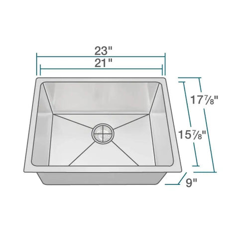 Stainless Steel Undermount Kitchen Sink 23 Inch Single Bowl, 18 Gauge 304 Grade, Built Tough And Quiet with dimensions