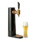 Top Shelf Mini Draft Beer Dispenser With Ultrasonic Fizz Lock Technology for crisp pours, black design, with beer glass.