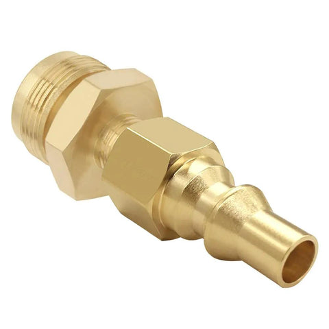 Brass quarter inch quick connect to 1-20 male cylinder thread propane adapter fitting for 1-pound bottle, RV camper use.