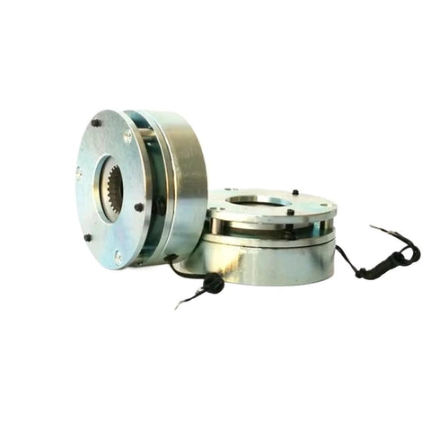 CZPBXOX micro power loss electromagnetic brake assembly, side view, silver metal with wiring leads