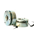 Micro electromagnetic brake assembly with silver metal housing and wiring, angled view.