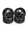 Crush The Trails With These Sick 1.9 Carbon Fiber Beadlock Wheels For RC Crawler Cars Featuring CNC Aluminum Hubs Quick Tire Swaps And Black Finish SCX10 TRX4 Gmade with a close-up view of two wheels.