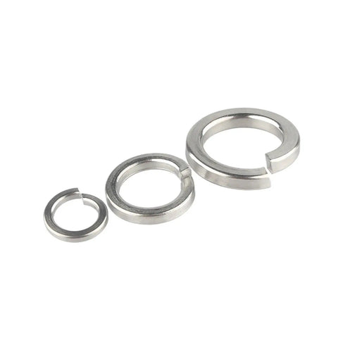 304 Stainless Steel Spring Lock Washer Kit With Elastic Gasket Set M1.6 Through M20 937 Pieces Heavy Duty Built To Last Corrosion Resistant Hardware Fasteners Box For Mechanical Bike Auto And DIY Projects, close-up of three washers