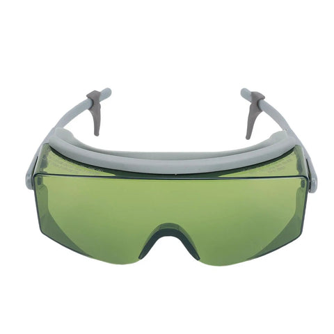 Heavy Duty Laser Safety Glasses With Flexible Arms For Lab Work And Welding Projects shielding eyes with green tinted lenses.