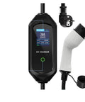 Portable Electric Vehicle Charger, 3.5KW 16A EVSE showing a black charging unit with a display and Type 2 adapter.